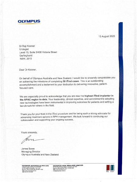 Olympus recognition for 50+ iTind procedures