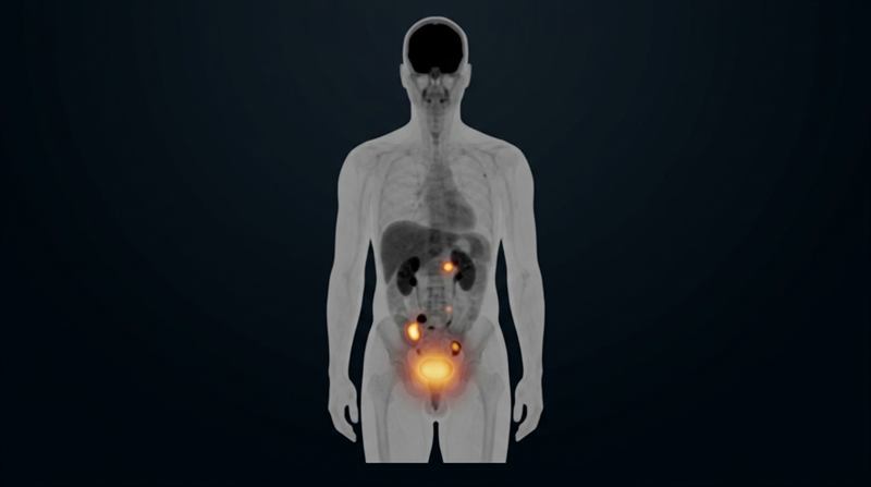 PSMA PET/CT scan showing tracer uptake hot-spots